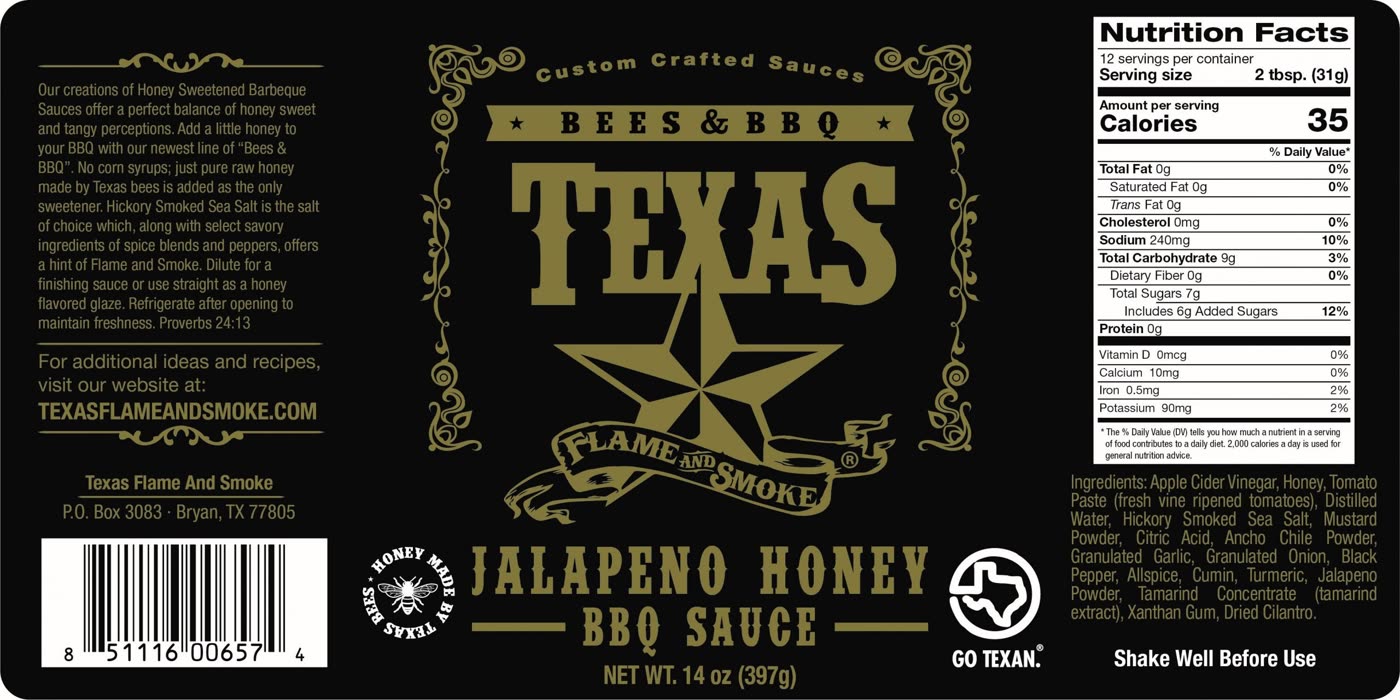 Jalapeño Honey BBQ sauce label from the Bees & BBQ line