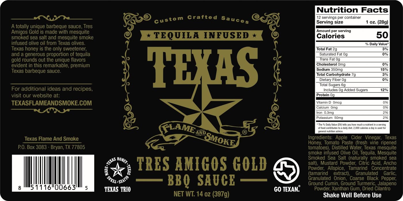 Tres Amigos Gold tequila-infused BBQ sauce label